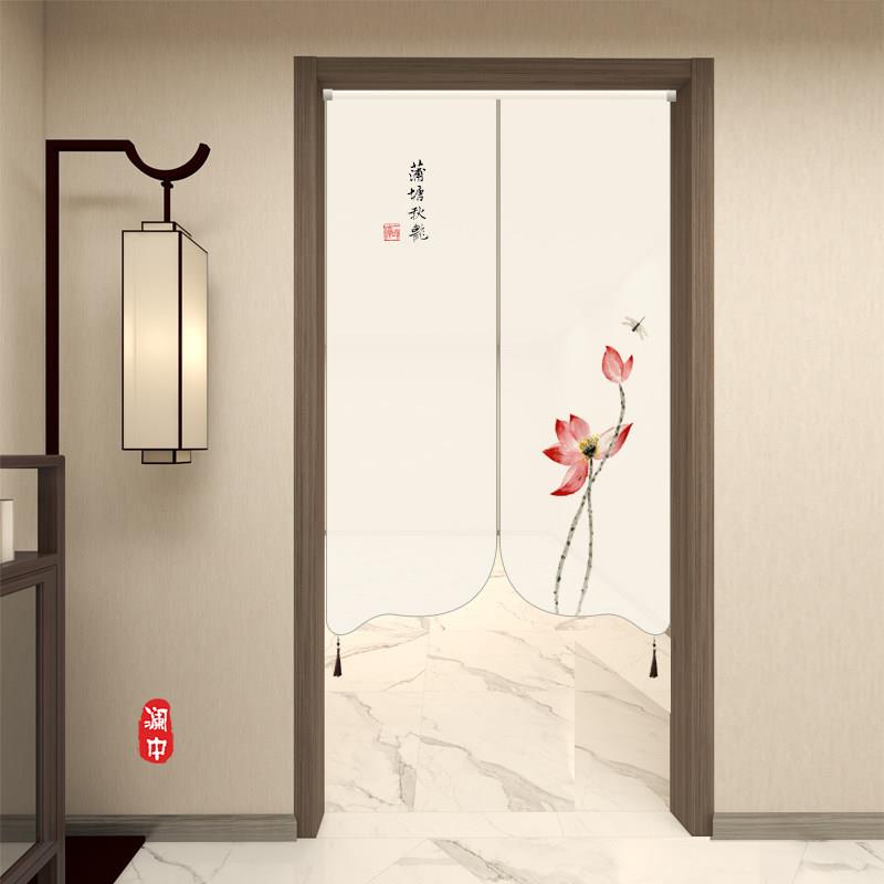 新中式禅意门帘荷花客厅卧室卫生间玄关半透隔断帘风水半帘免打孔