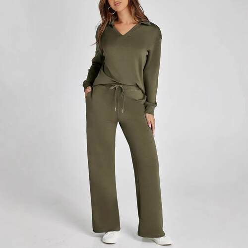2-Piece Women's Casual Long Sleeve Pocket Sportswear Set
