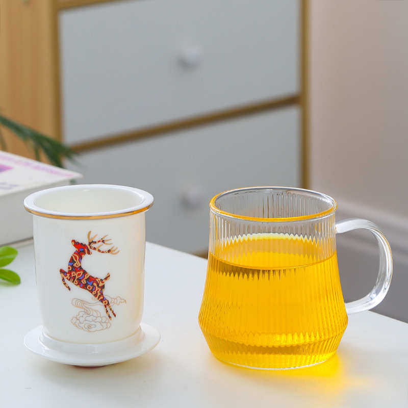 办公室logo分离盖杯杯带杯子玻璃茶水杯马克陶瓷过滤泡茶办公茶杯