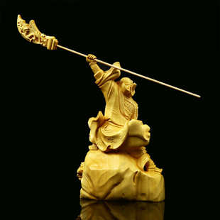 黄杨木雕关公半手工实木制工艺品工艺把件摆件关二爷跨步挥刀手工