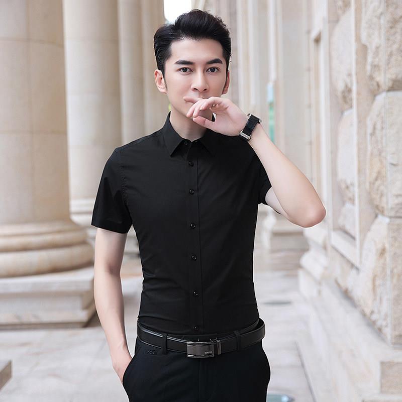 夏季白衬衫男士短袖职业商务正装休闲潮流弹力修身工作服黑色衬衫