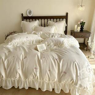 公主风长绒棉四件套荷叶边刺绣被套床上花边床单公主风床品