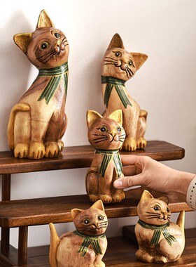 泰吉利泰国实木工艺品创意猫咪摆件客厅电视柜暹罗猫家居桌面装饰