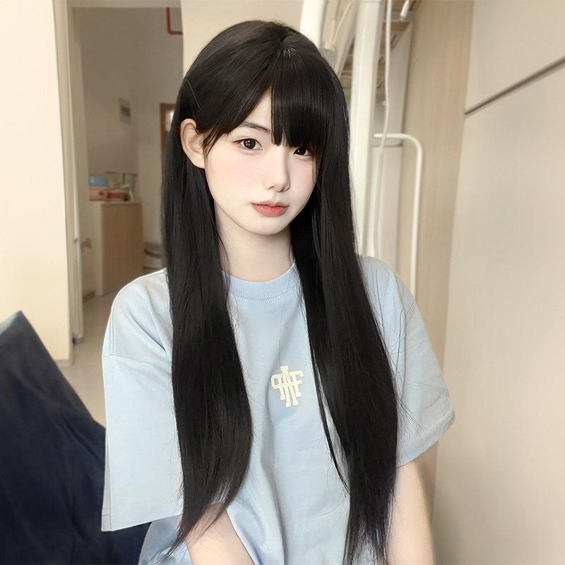町漫假发女长发圆脸lolita自然蓬松全头套式空气刘海黑长直假发
