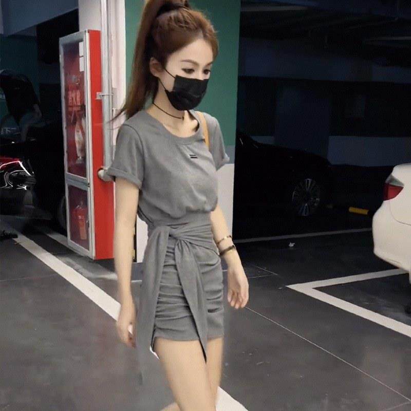 不规则短袖T恤洋装女夏季欧货褶皱紧身辣妹包臀裙绑带打底短裙