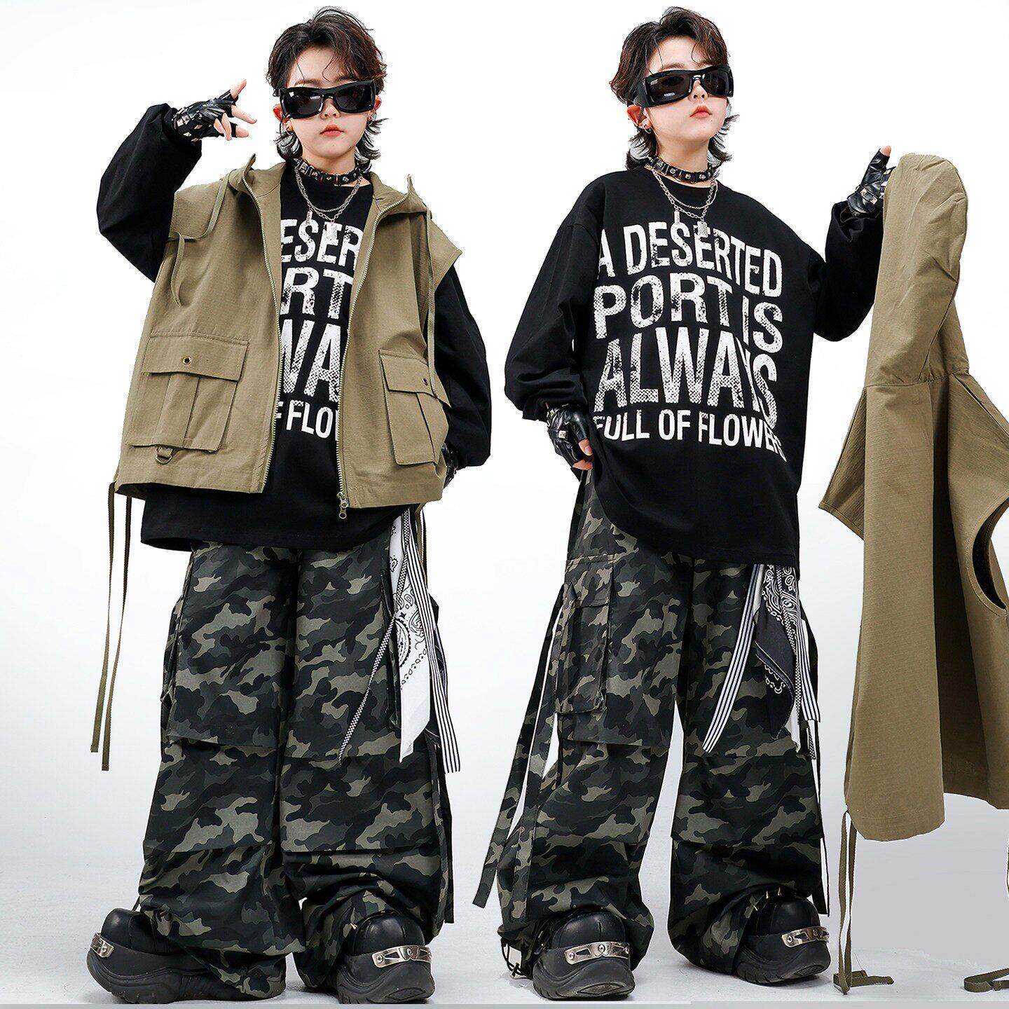 儿童街舞演出服少儿hiphop迷彩机能马甲男童嘻哈爵士舞套装架子鼓