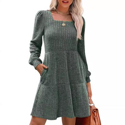 Womens Square Neck Sleeve Fall Dresses Casual Babydoll