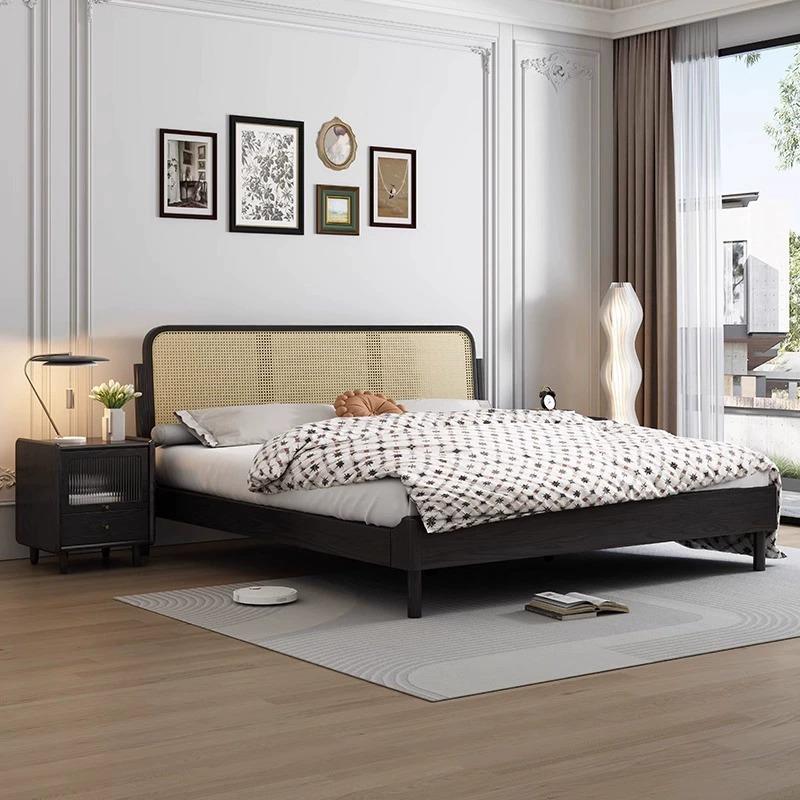 白蜡木藤编实木1床.8米双人卧简约室小床户型331#黑色实木床