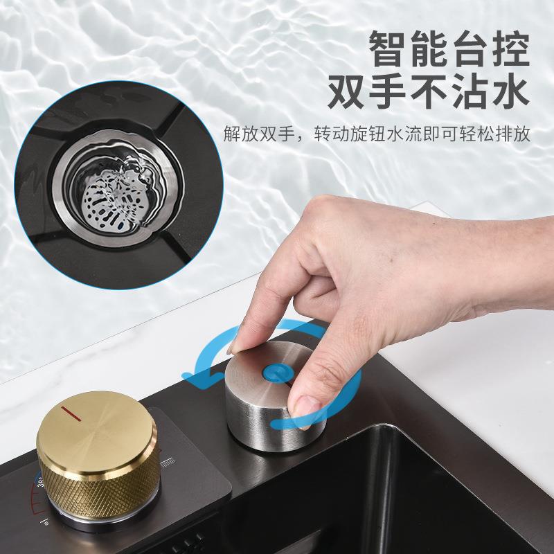 新款直销不锈钢飞雨一体大单槽瀑布龙头带刀架纳米黑金钢厨房洗碗