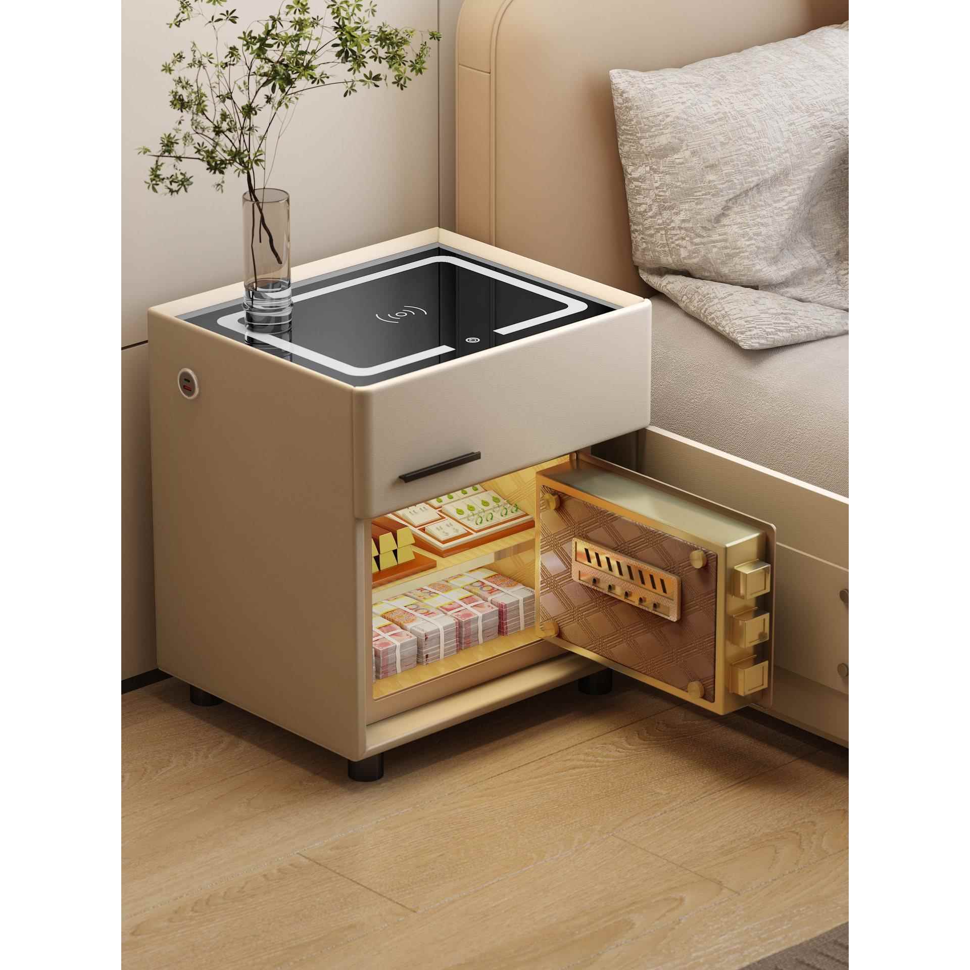 智能现床头柜保柜一简体约代无线充指纹锁实险KB木卧室床边柜保险