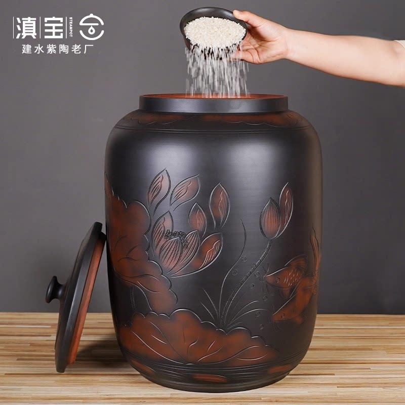 云南建水紫陶高端米缸陶瓷米桶手工家用防潮密封普洱存茶密封罐子