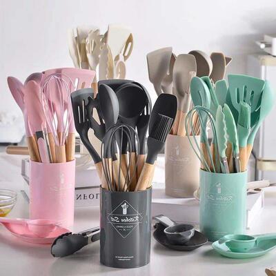 12Pcs Silicone Cooking Utensils Set Wooden Handle Kitchen Co