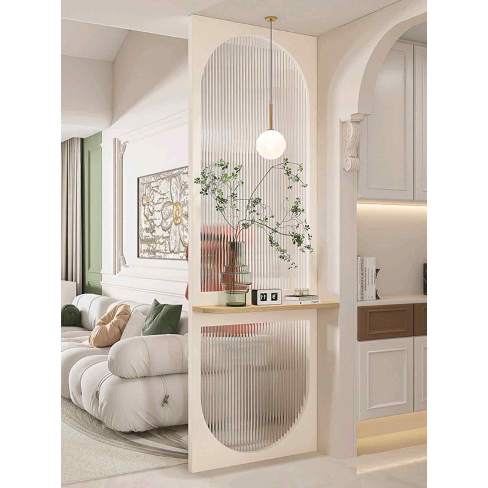 2024新款法式中古奶油风隔断客厅入户实木弧形屏风浴室柜玄关遮挡