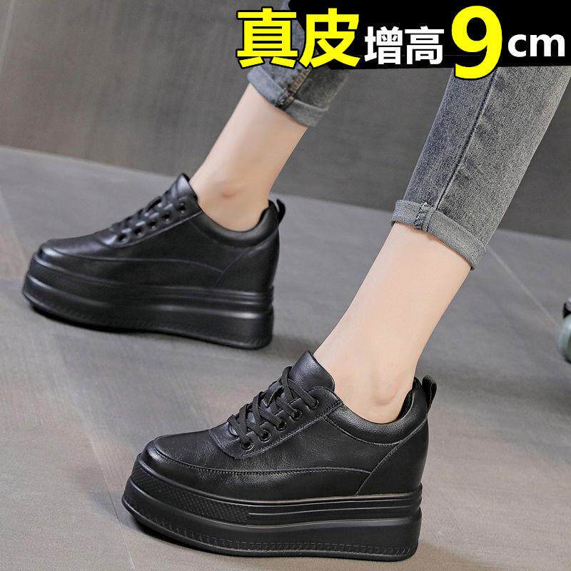 香港厚底松糕鞋子女黑色2025新款春季内增高女鞋小个子真皮运动鞋
