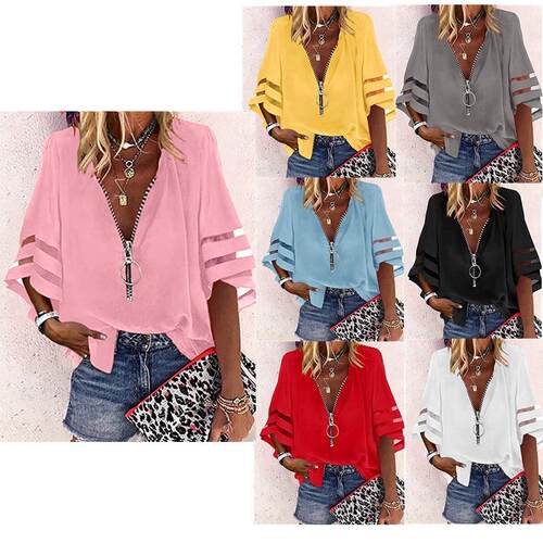 Women's V-Neck Lantern Sleeve Blouse - Spandex-Polyester