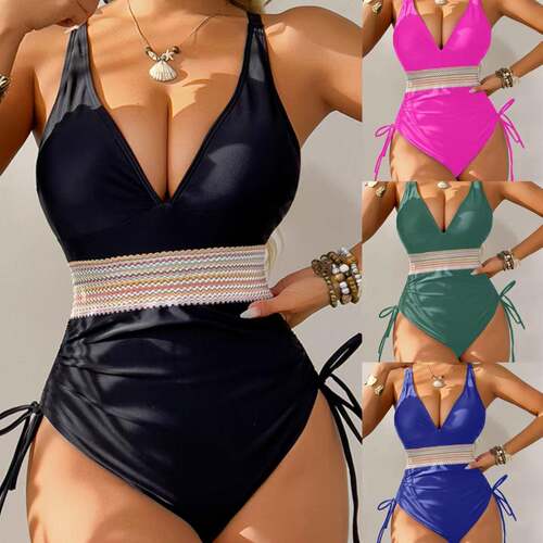 Womens Rainbow Stripe Print Ruched Drawstring One-Piece