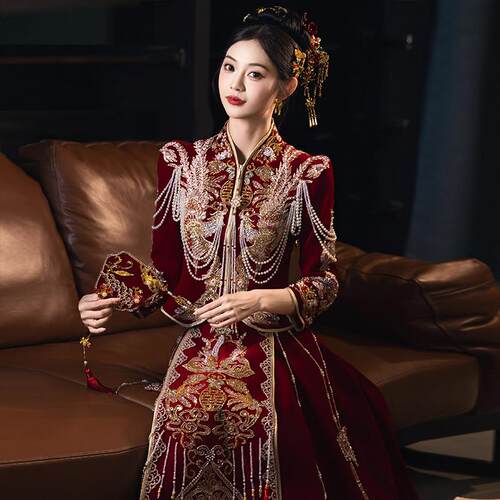 丝绒秀禾服夏装新娘高端出阁大码婚礼中式婚纱结婚嫁衣高级龙凤褂