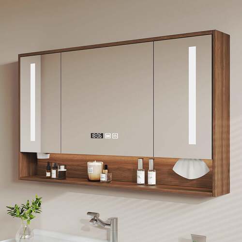 胡桃色中古风浴室镜柜单独带灯定制卫生间镜柜挂墙式镜柜智能除雾