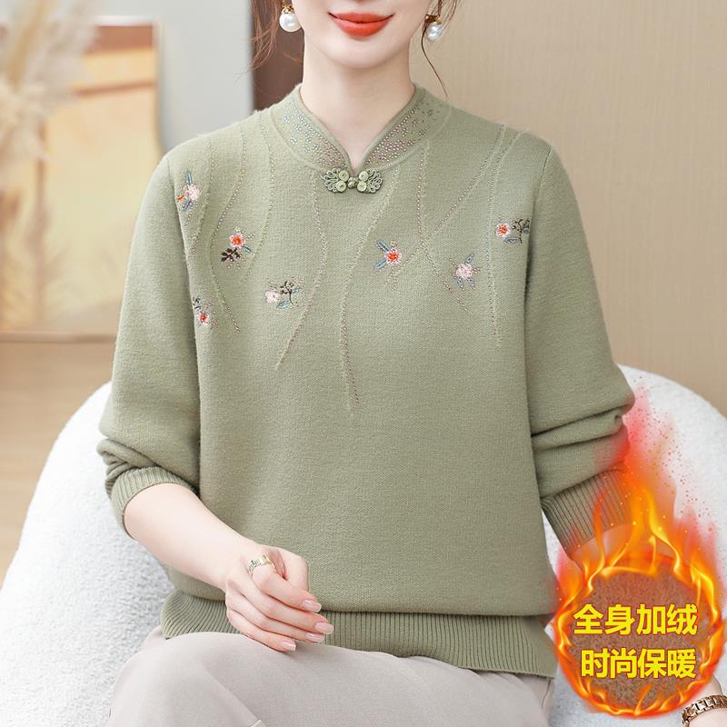 加肥加大码女装洋气妈妈加绒加厚毛衣冬季中老年国风一体绒打底衫