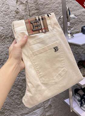 高端品牌薄款牛仔裤男士夏季修身小直筒高级感米黄色裤子弹力潮流