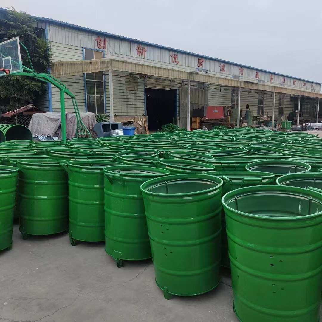 批发360L升铁制挂车圆桶 带盖大号带轮可移动铁桶圆铁皮垃圾桶