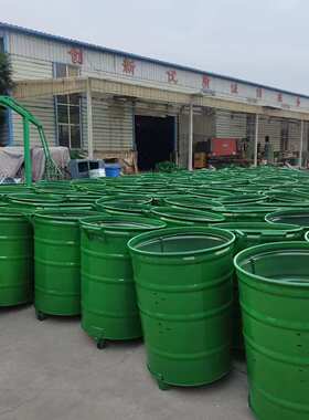 批发360L升铁制挂车圆桶 带盖大号带轮可移动铁桶圆铁皮垃圾桶