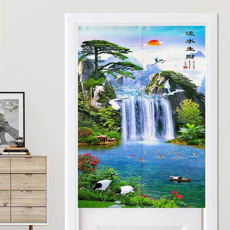 中式山水风景高山流水门帘布艺客厅厕所背景墙隔断窗风水玄关油画