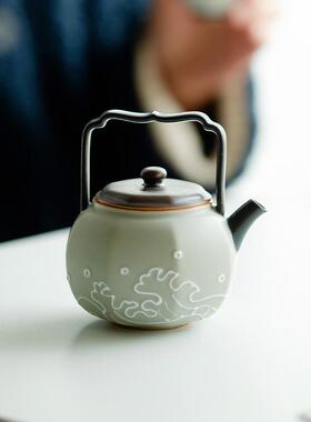 昌朴居手绘CH-00353堆纯海浪八壶提梁壶陶雕瓷单壶茶壶方带过滤泡