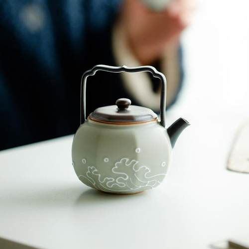 昌朴居手绘CH-00353堆纯海浪八壶提梁壶陶雕瓷单壶茶壶方带过滤泡