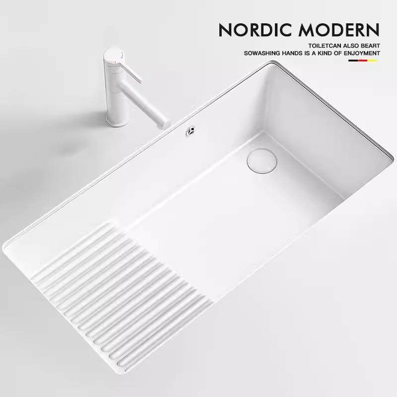 阳台带搓衣板台下盆洗衣盆加深左右侧排水洗脸洗手嵌入式陶瓷单水