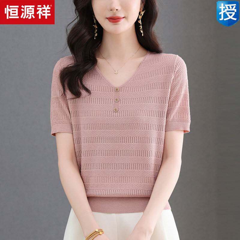 2026桑蚕丝针织短袖t恤女夏季V领宽松冰丝小衫洋派妈妈真丝上衣