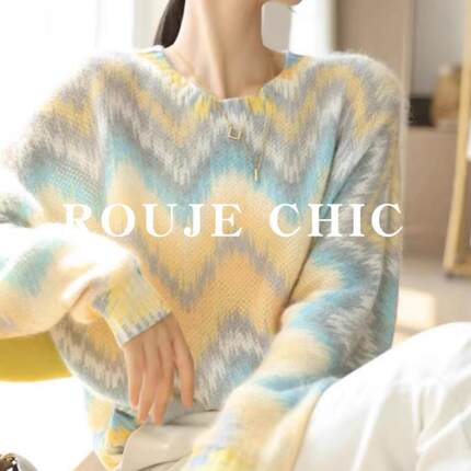 法国rouje chic法式2025年秋季新款渐变色波浪纹百搭针织衫女毛衣