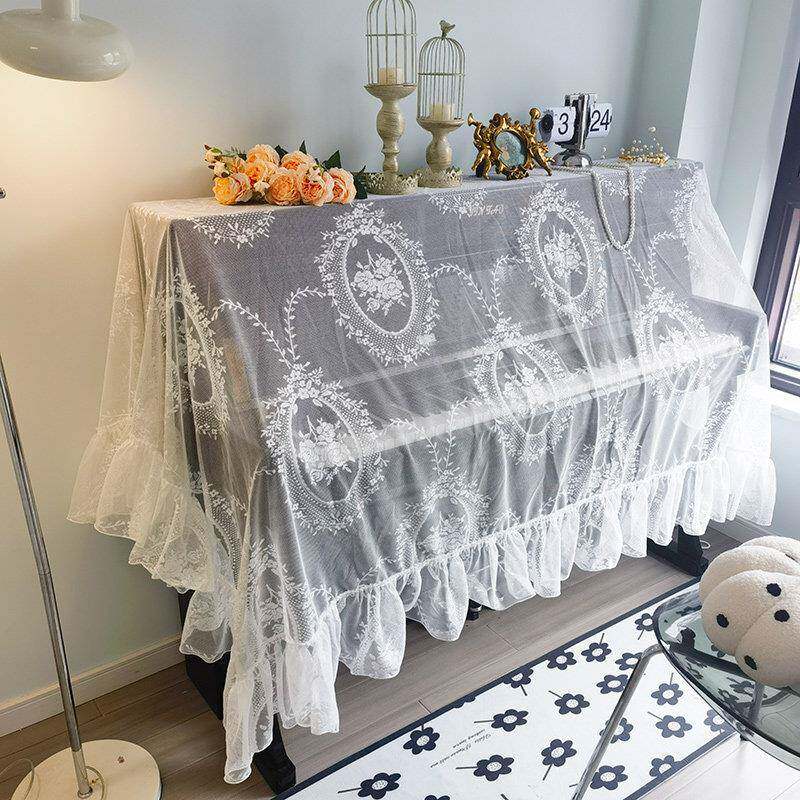 覆古蕾丝刺绣钢琴罩半罩全罩白色浪漫防尘罩绣花荷叶边电子琴盖巾