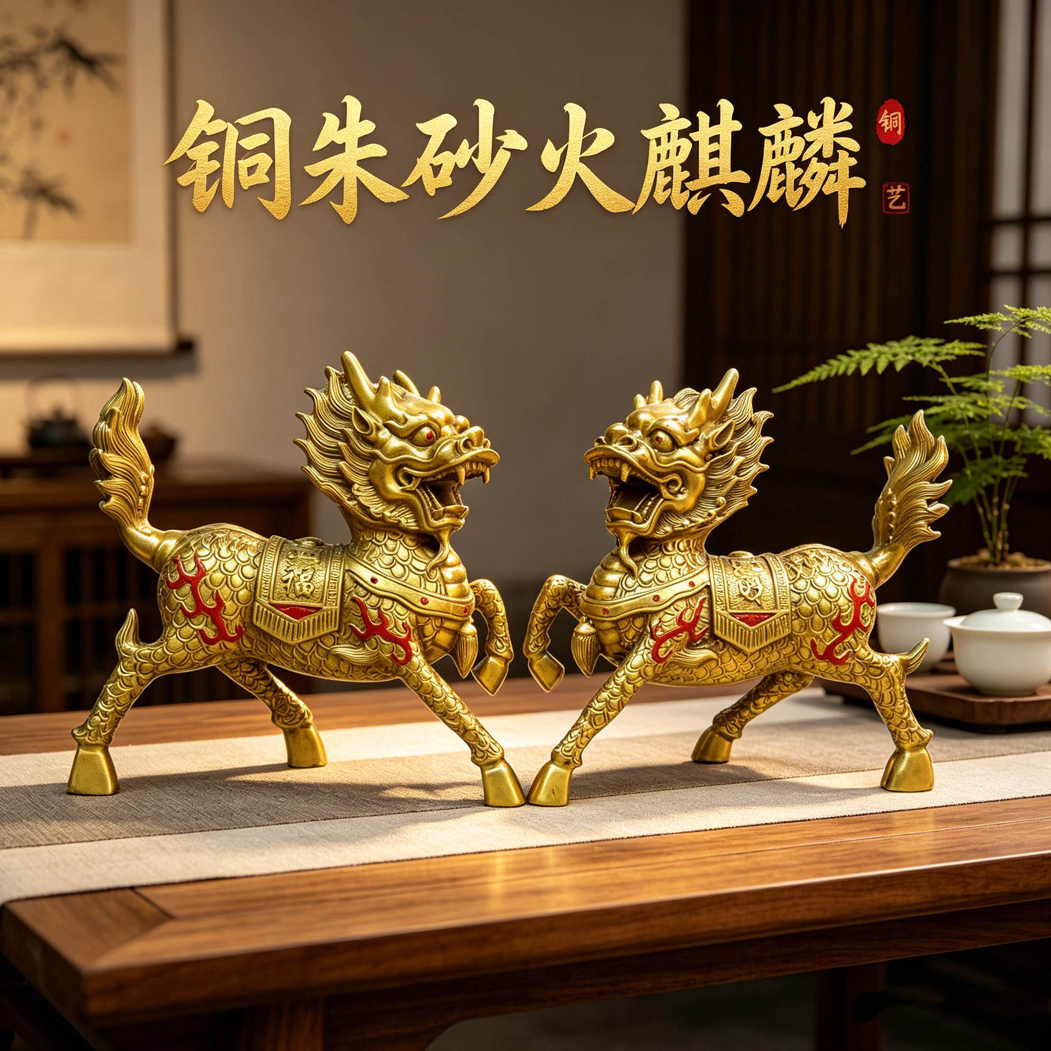 黄铜麒麟摆件一对家居店铺乔迁开业装饰工艺礼品铜火麒麟财福麒麟
