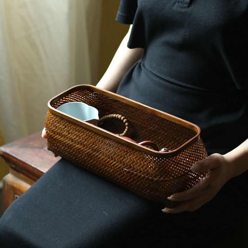 大漆手工竹编收纳筐茶道配件茶具收纳盒 复古禅意新中式水果篮