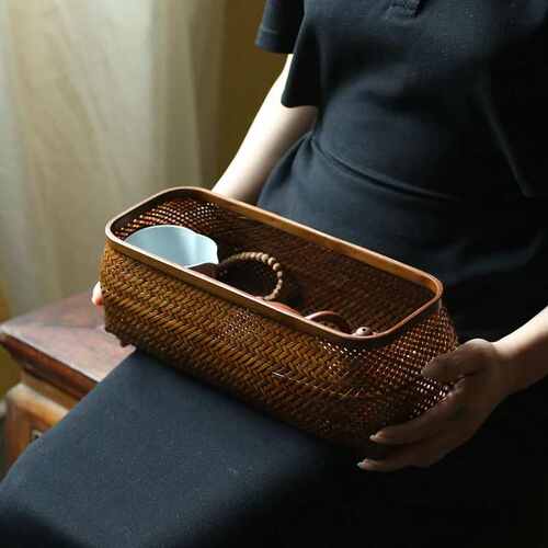 大漆手工竹编收纳筐茶道配件茶具收纳盒 复古禅意新中式水果篮