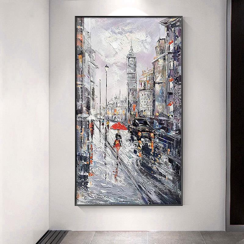 城市建筑街道夜景玄关装饰画艺术北欧挂画风景油画竖餐厅走廊壁画