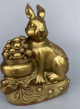 直销新款纯铜钱袋兔摆件铜钱生肖兔聚宝盆兔踩布袋铜兔家居店铺装