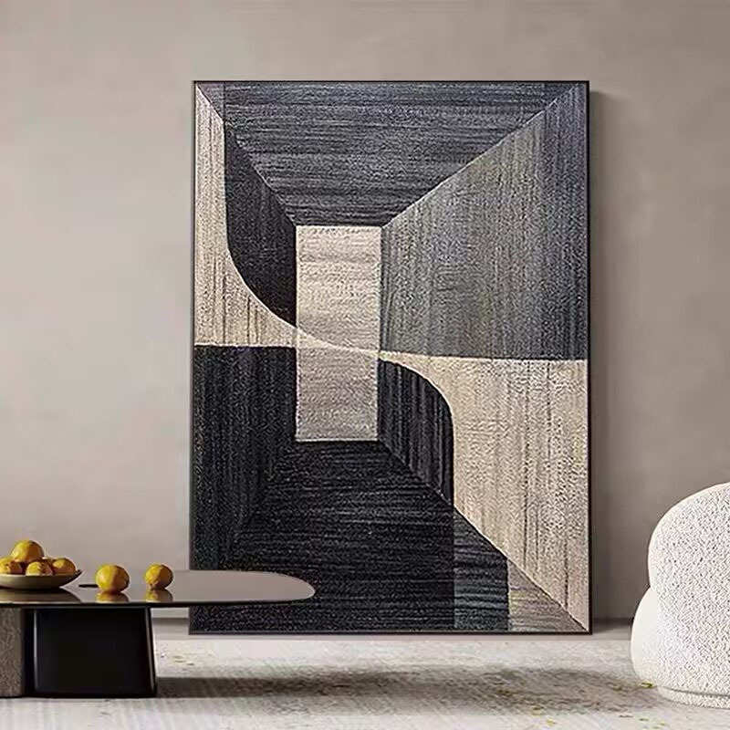 纯手绘油画黑白几何图案立体肌理画客厅背景墙装饰画高档手工挂画图片