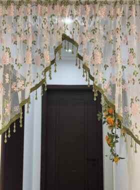 加厚版复古软装绿色水晶刺绣半帘免打孔门帘法式浪漫吊珠蕾丝窗帘