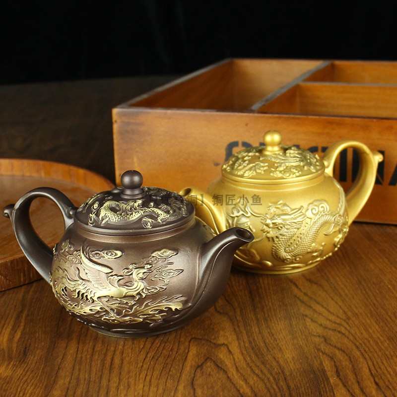 纯铜唐茶具龙凤黄铜茶杯腾铜器摆件工艺品一整套茶壶办公室金属