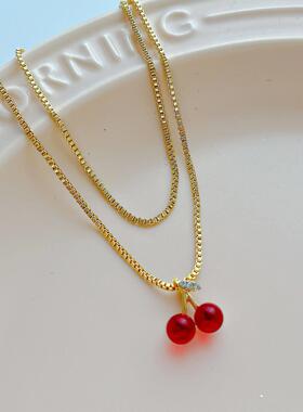 Red cherry pendant necklace women跨境红色樱桃吊坠项炼女小众