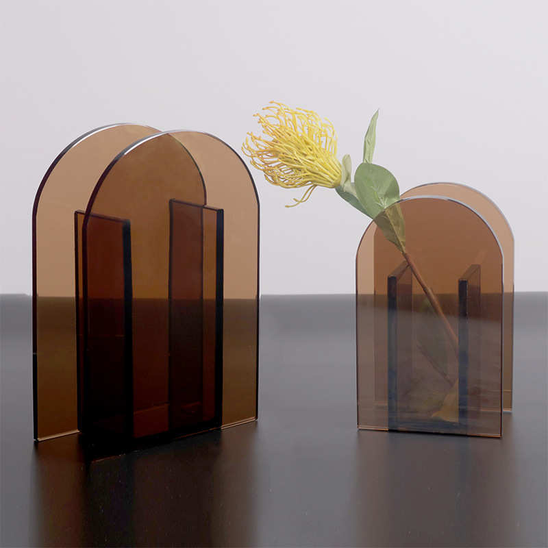 现代创意家居轻奢茶色透明玻璃花器客厅桌面花瓶软装饰品摆件