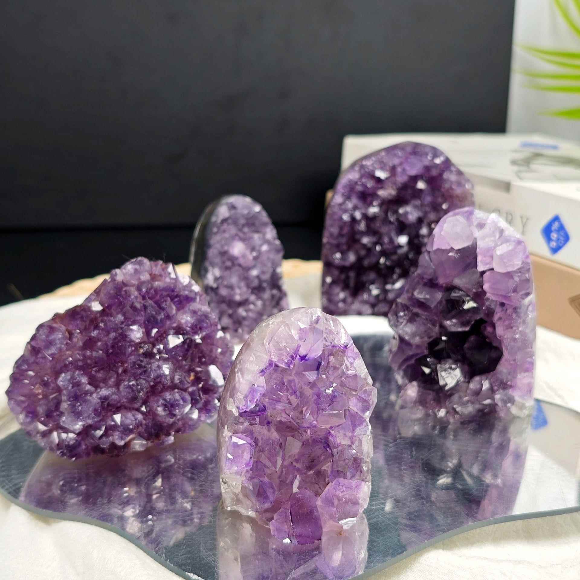 天然水晶原石乌拉圭紫水晶簇矿石矿标桌面办公工艺品摆件轻奢