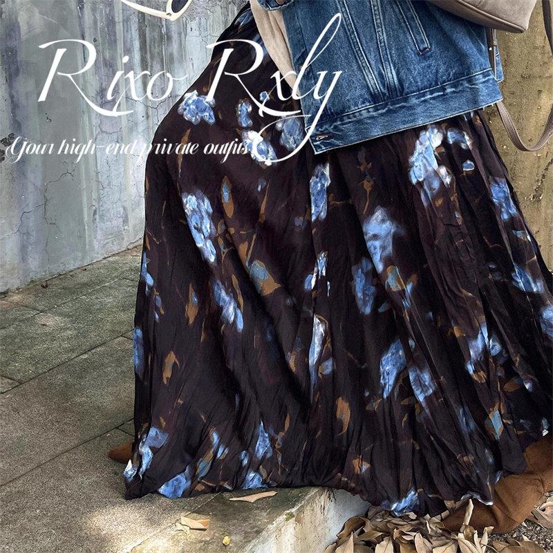 RIXO RXLY复古深色花卉百褶半身裙女春秋季文艺风高腰显瘦a字裙