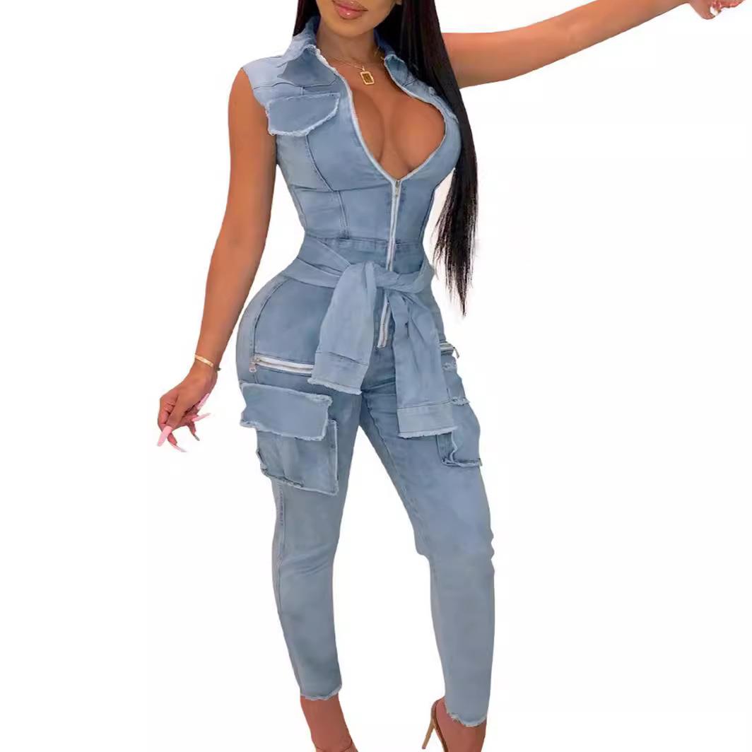Fashionable women's accordion pocket denim jumpsuit