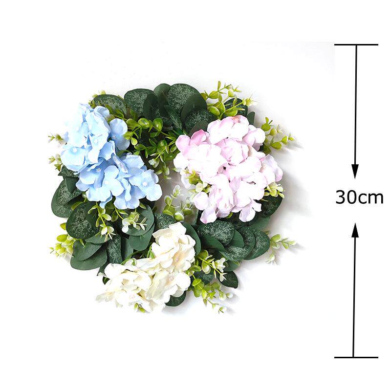 仿真三色绣球花尤加利小花环婚庆摄影道具假花花环客厅花艺装饰
