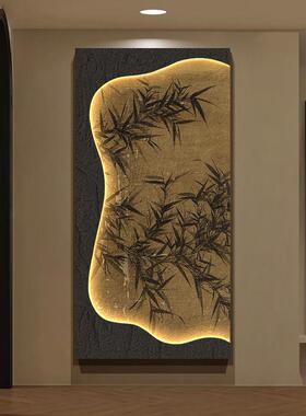 中古风带灯玄关装饰画法式复古入户门走廊过道挂画高级感竹子壁画