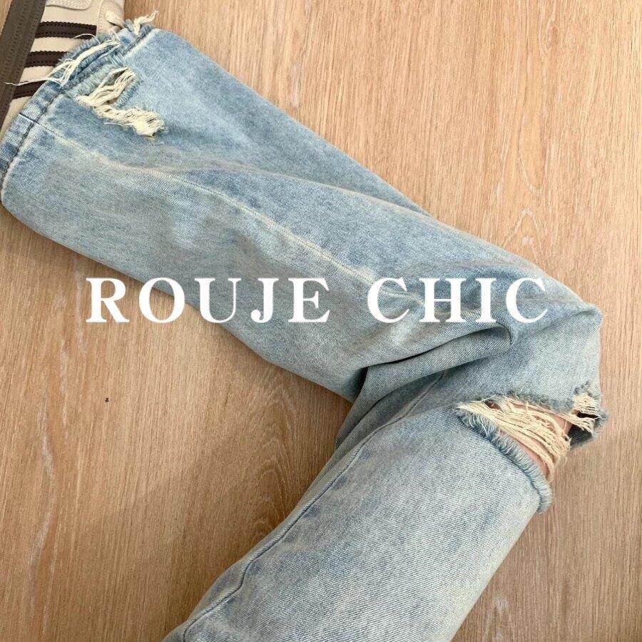 法国rouje chic法式浅蓝色宽松直筒破洞牛仔裤女夏季复古高腰长裤