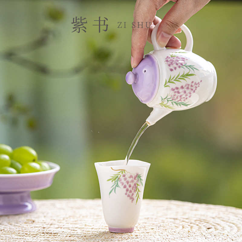 手绘紫藤花荷瓣杯茶杯主人闻香杯陶瓷家用茶具品茗杯高颜值女茶盏